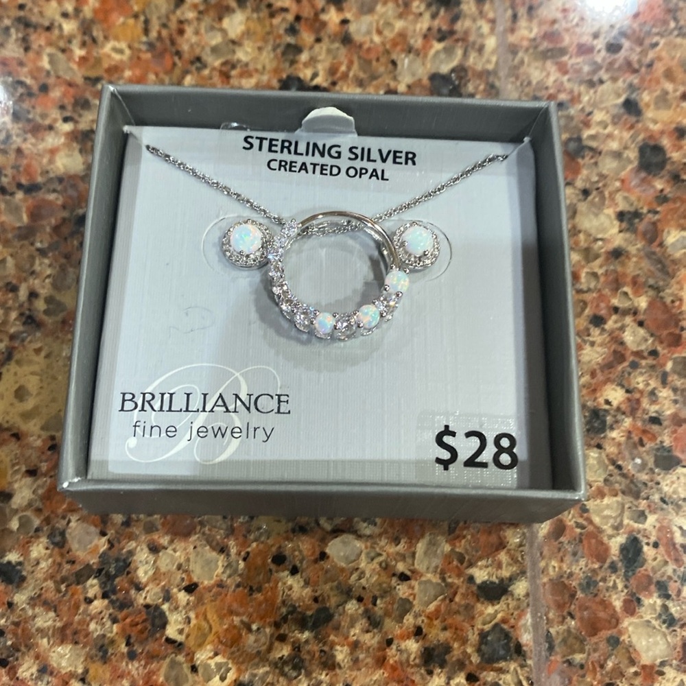 *****PRICE DROP****NWT STERLING SILVER AND CREATED OPAL NECKLACE AND EARRING SET